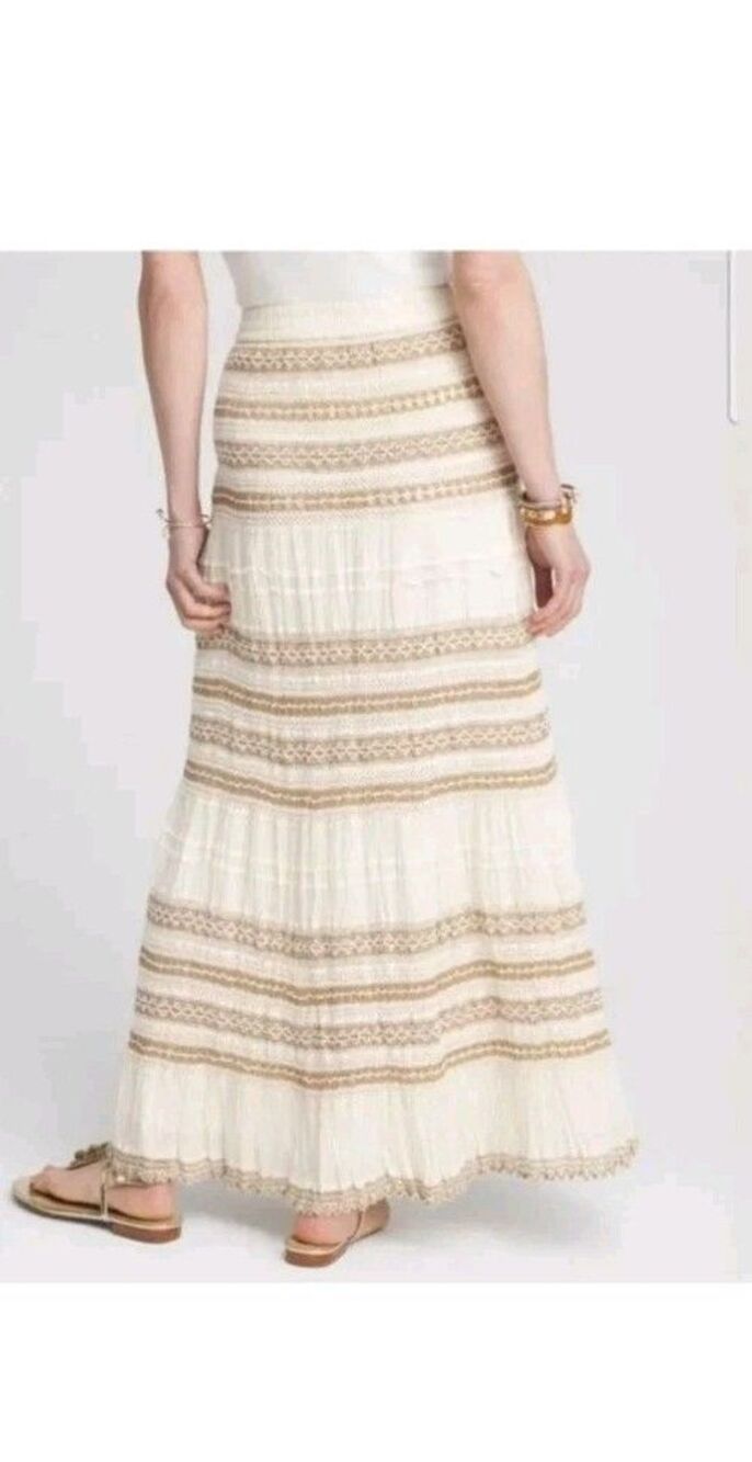 Chico's Crochet Tiered Midi Skirt Ivory Taupe Cotton 2, US 12 Boho Prairie Fairy - Picture 7 of 13